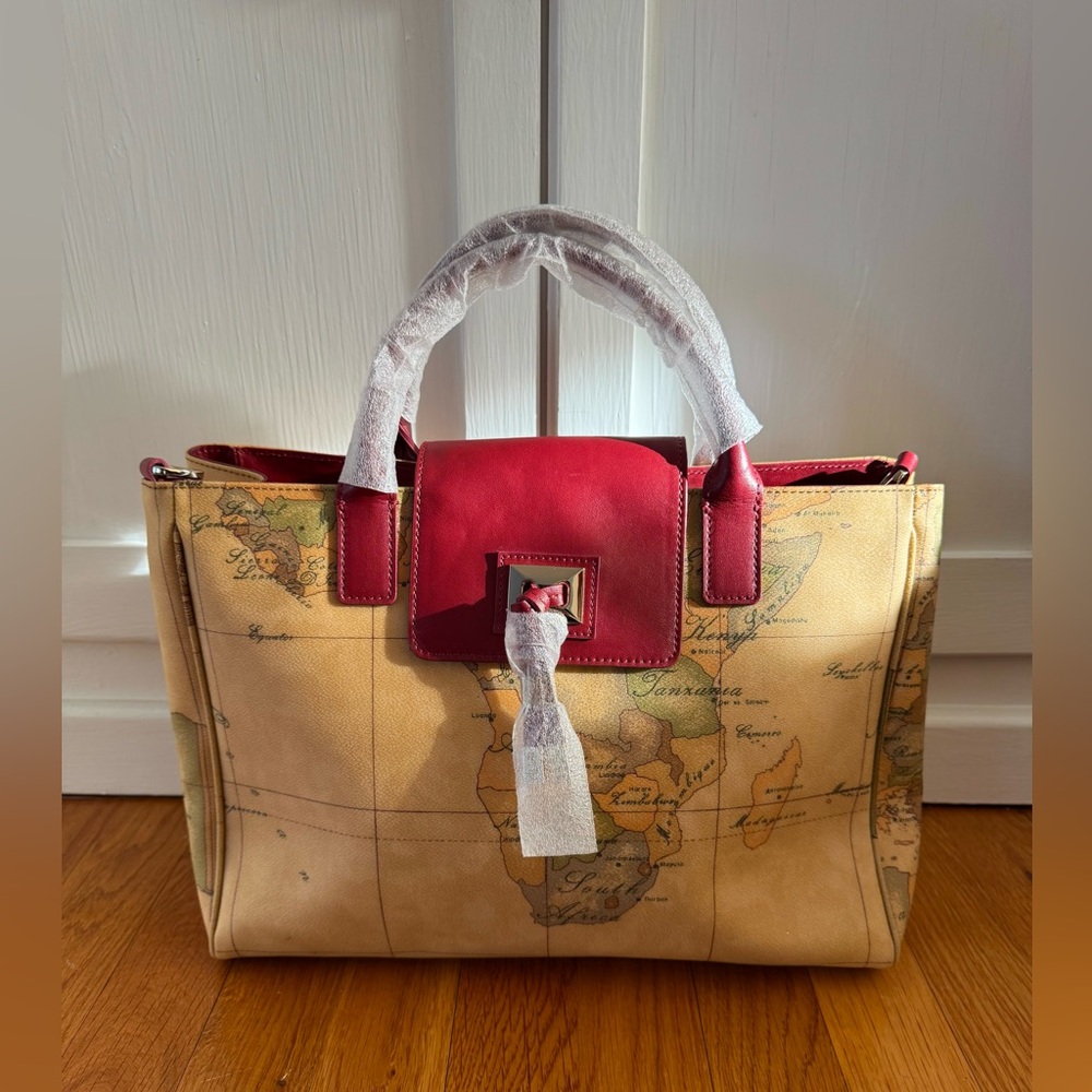 Alviero Martini Geo Map - Italian Leather Deep Red Trim - NWT Made in Italy